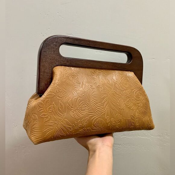 Handmade Genuine Leather Embossed Leaves Large Wood Frame Bag/Crossbody - Picture 9 of 16